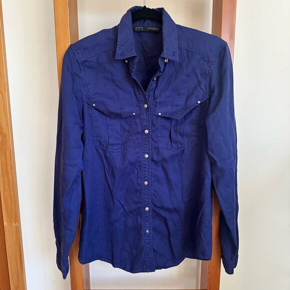 Zara Basic Royal Blue Button-Down Lyocell Shirt Small - Picture 1 of 4
